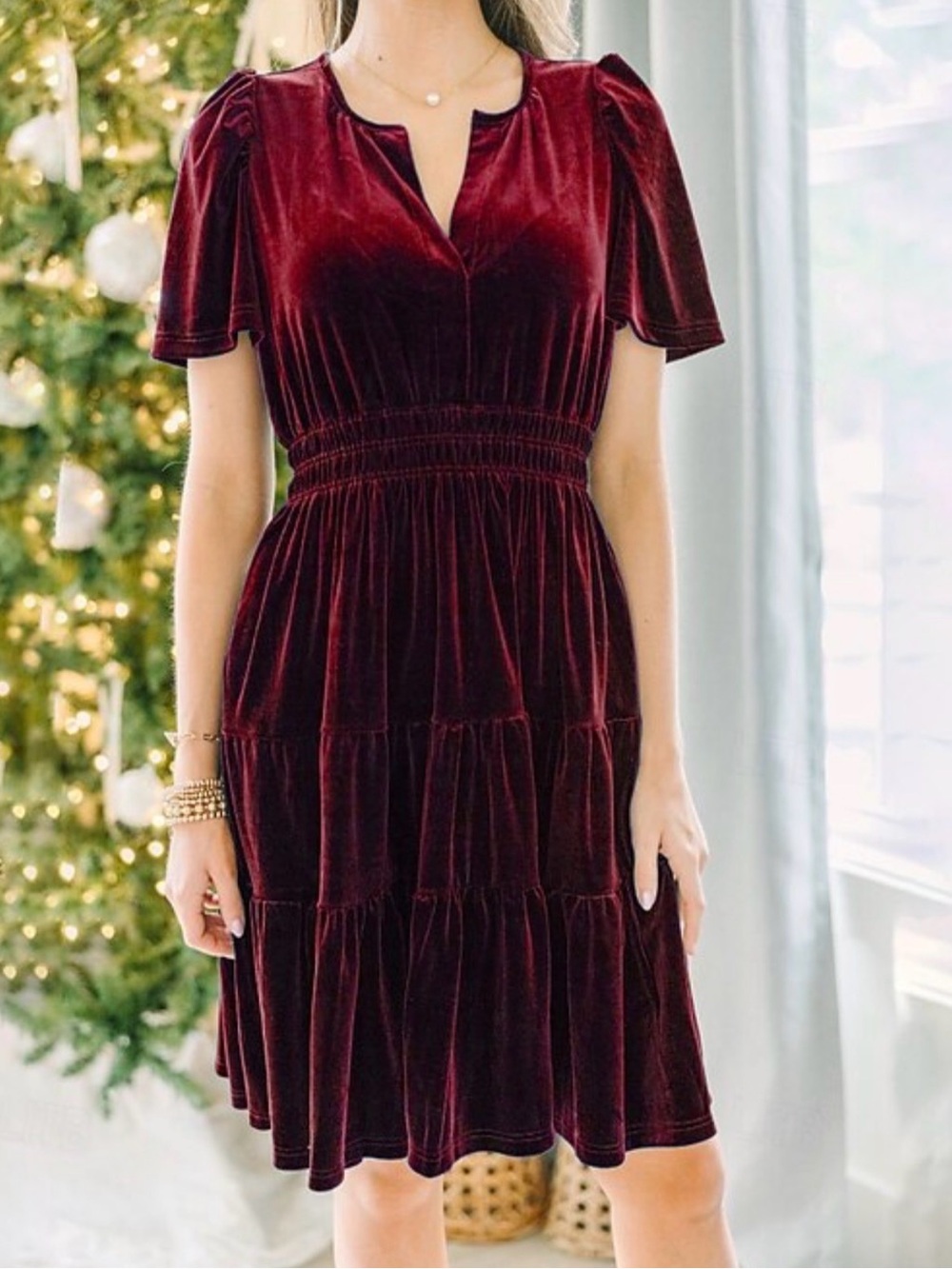 Women's Burgundy Velvet Tiered Mini Dress with Smocked Waist